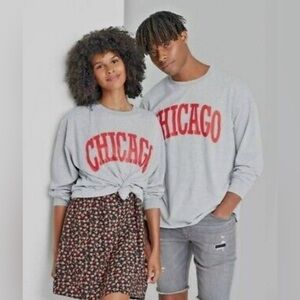 WILD FABLE Unisex Oversized Gray Long Sleeve T-Shirt "Chicago" Red Letters